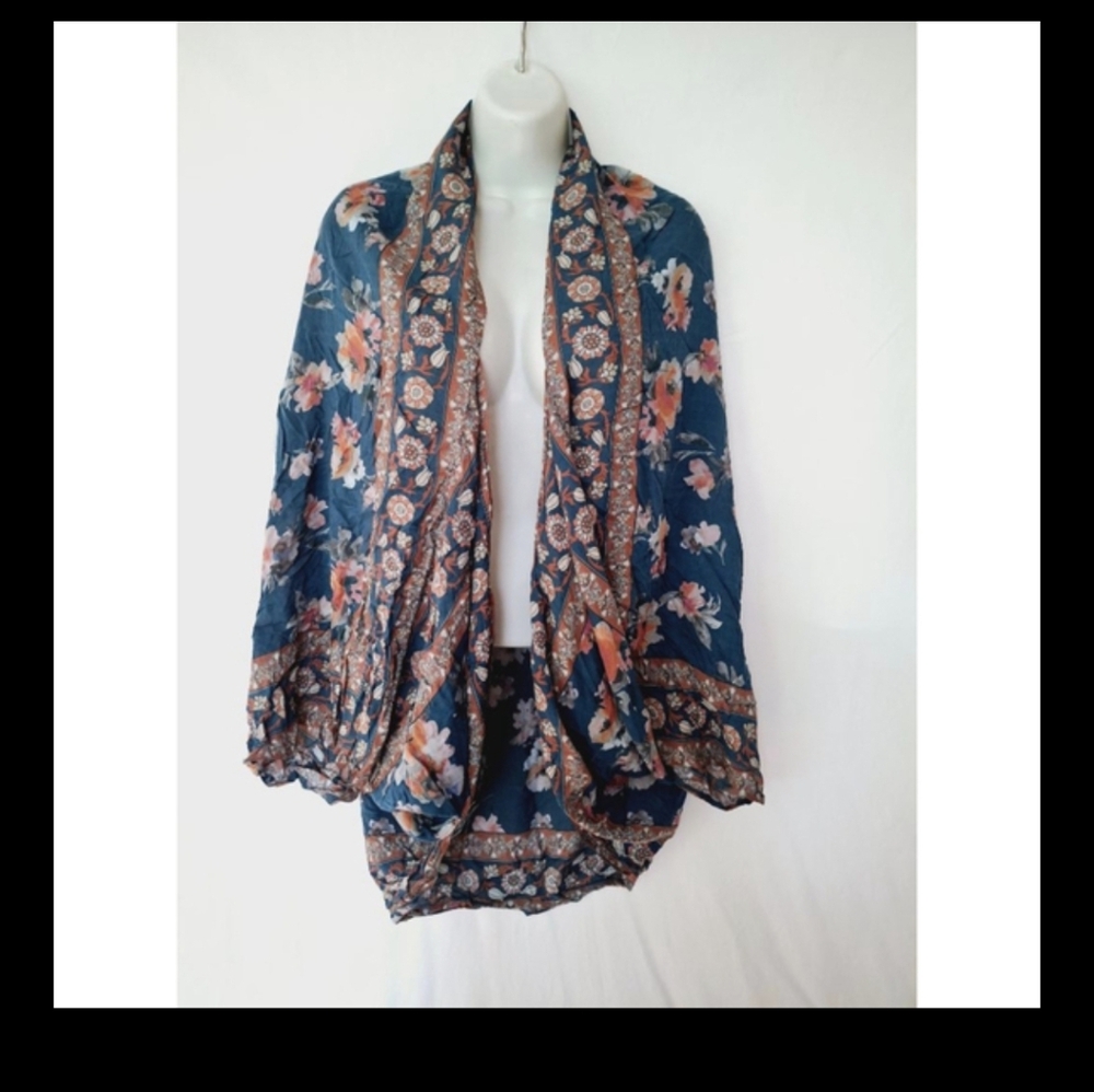 Feathers by Tolani Floral Print Size S womens Blue Orange kimono wrap shrug - Picture 6 of 7